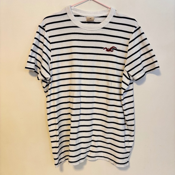 Hollister Y2K 2000s Classic Crewneck Short Sleeve T Shirt White Blue Stripes XL - Picture 1 of 4